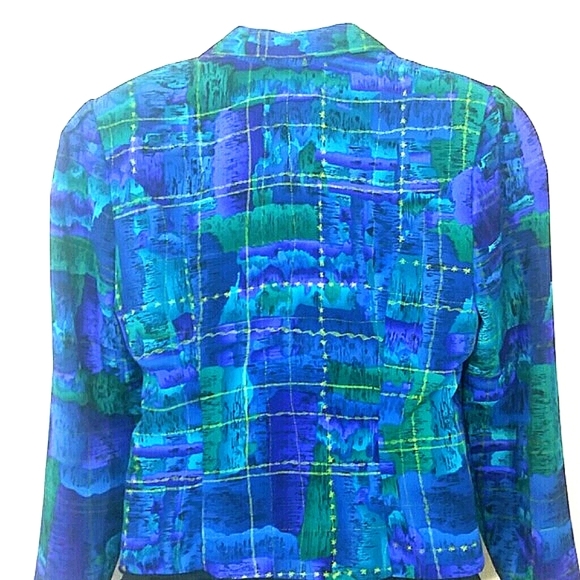 *Leslie Belle MP Petite Blazer  Abstract Blue Purple Green Lightweight Unlined - Picture 2 of 3